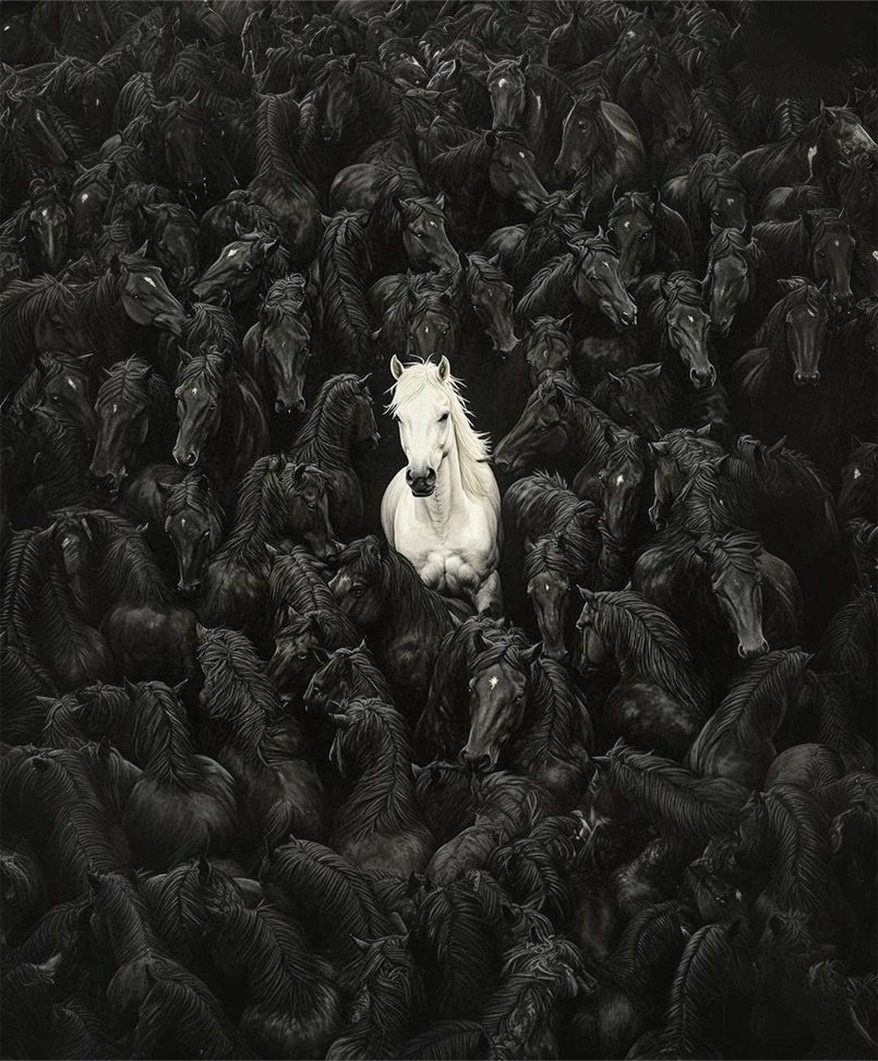 A single white horse standing out in a herd of black horses